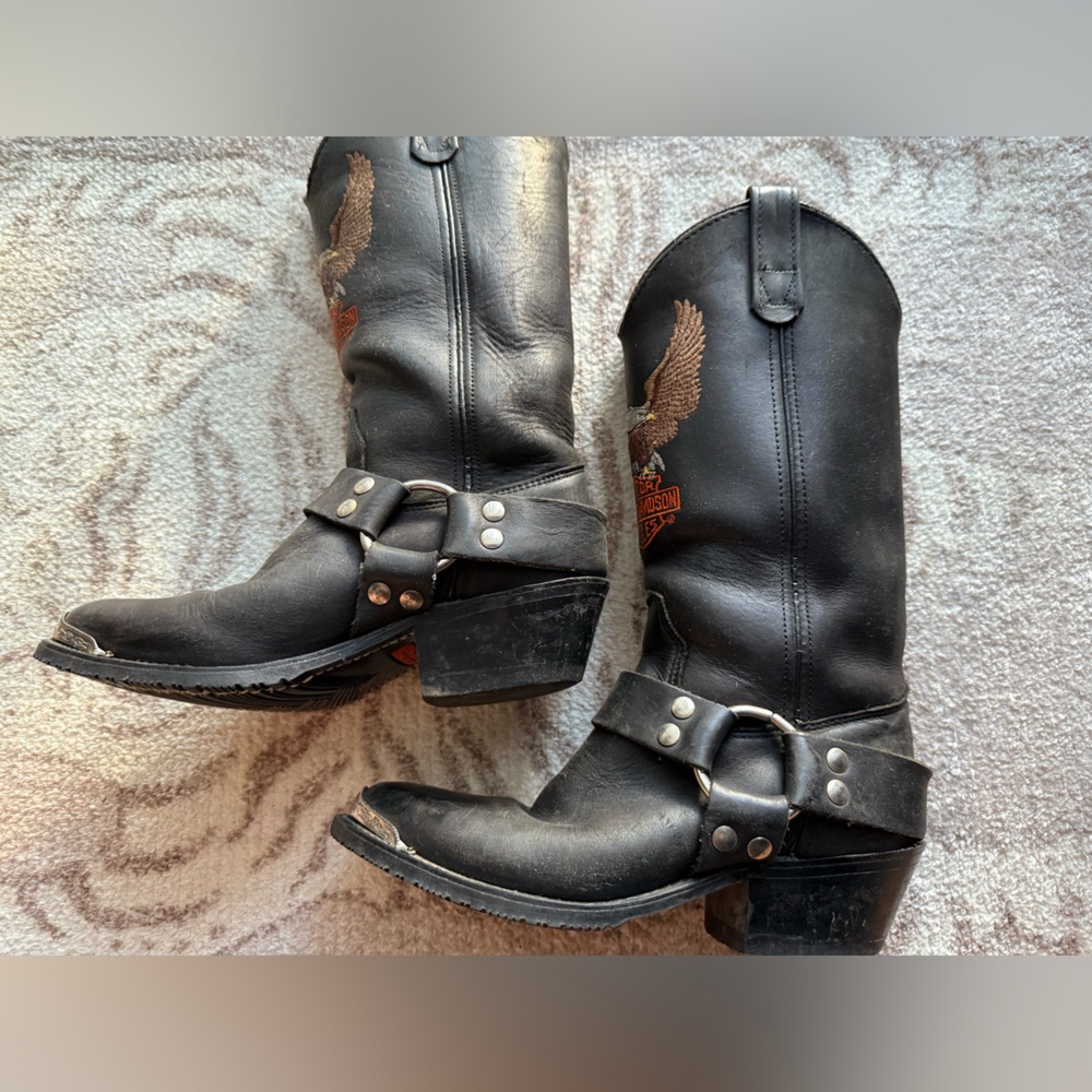 Vintage Harley Davidson Black Leather Cowboy Boots with Embroidered Design